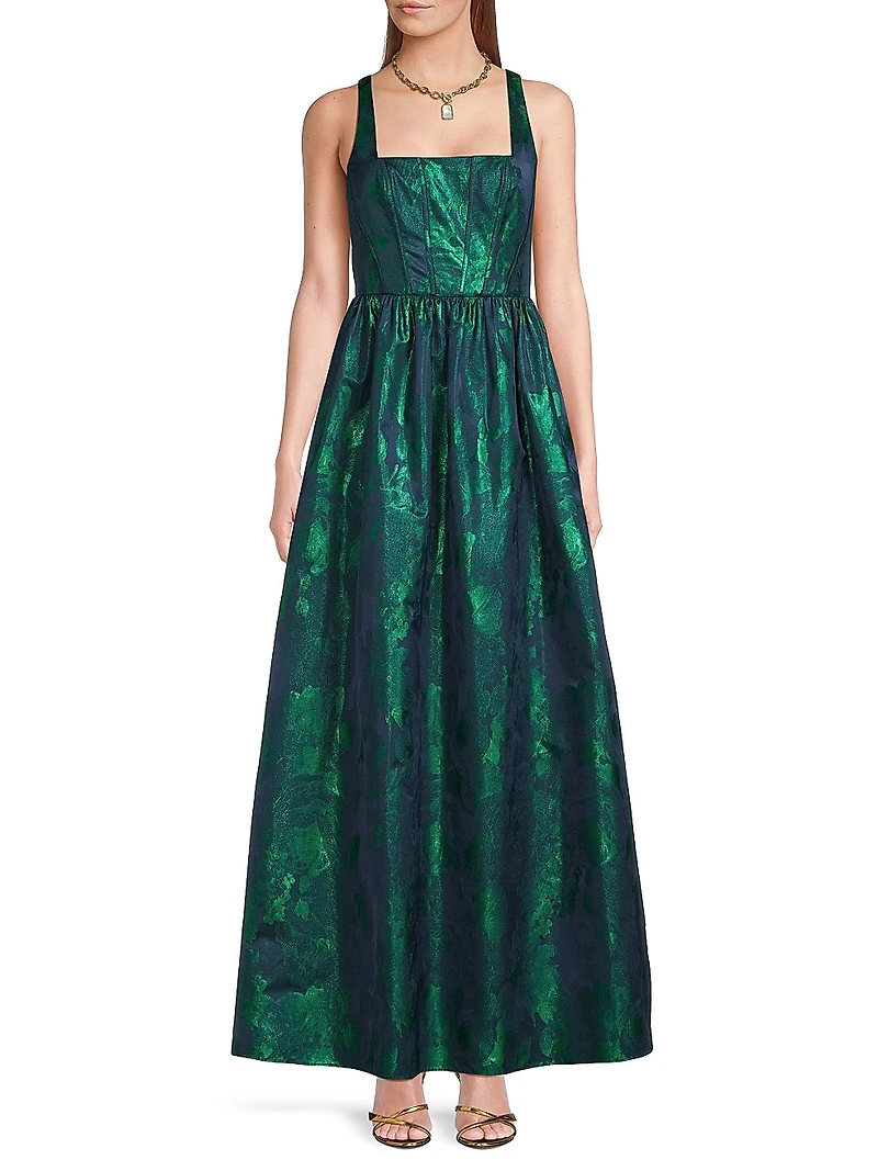 Abstract Jacquard Satin Maxi Gown