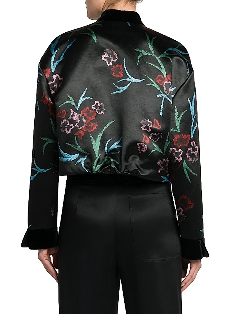 Floral-Embroidered Linen-Silk Blouse