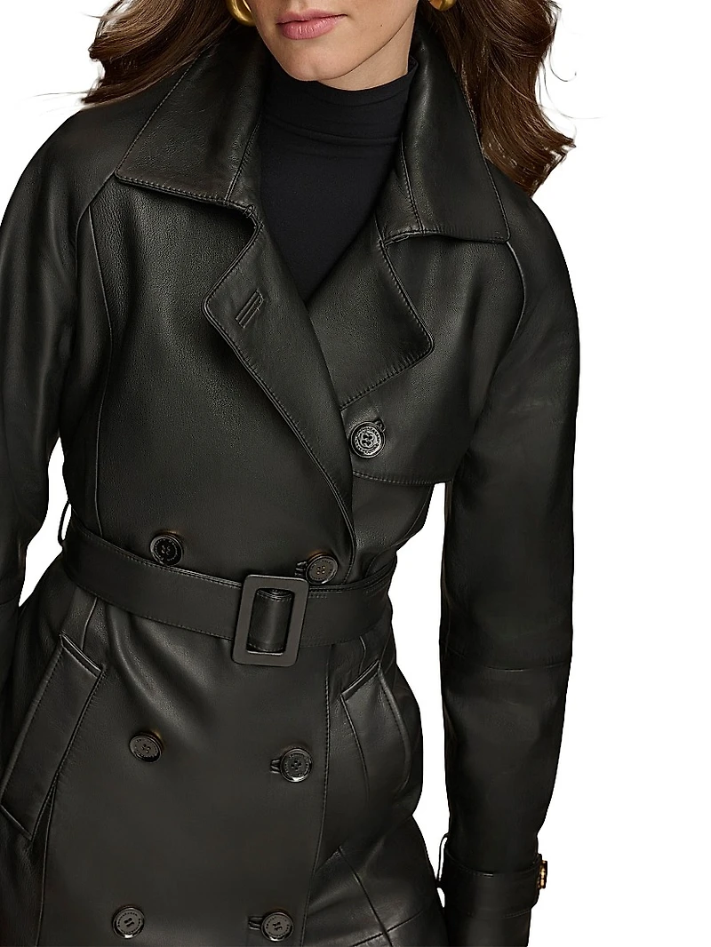 Leather Belted Double-Breasted Trench Coat