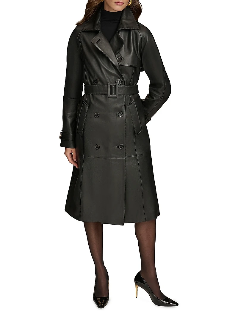 Leather Belted Double-Breasted Trench Coat