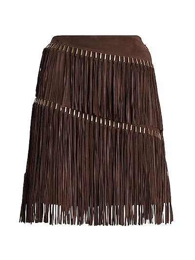 Brielle Fringe-Trim Lamb-Suede Skirt