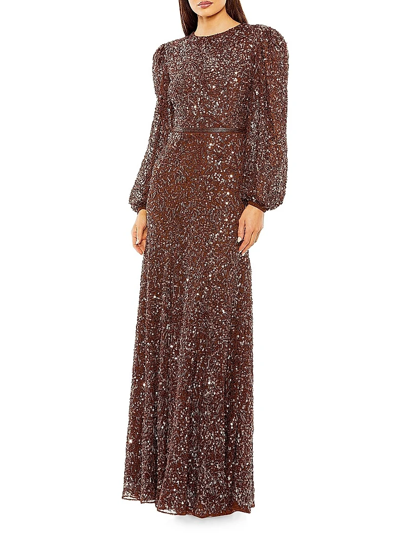 Embellished Bishop-Sleeve A-Line Gown
