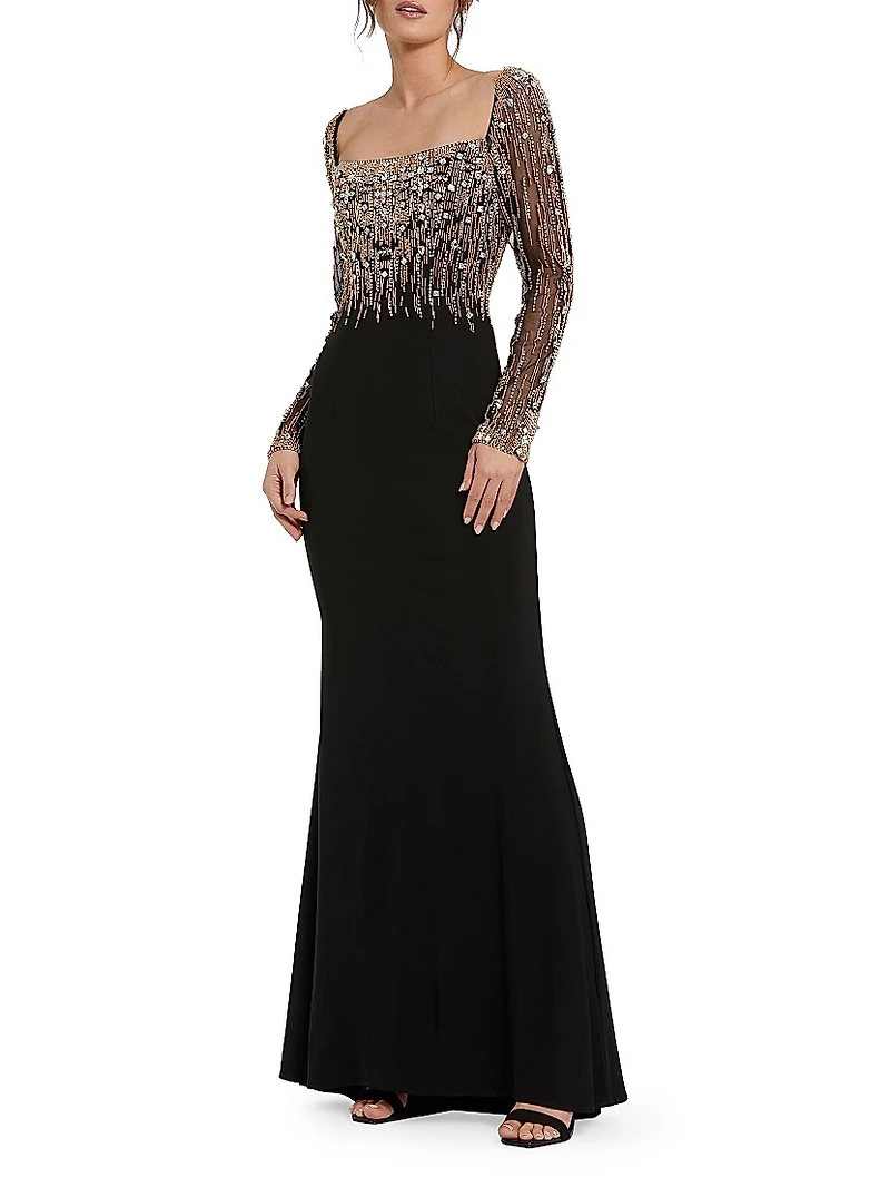 Beaded Square Neck Column Gown
