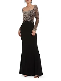 Beaded Square Neck Column Gown