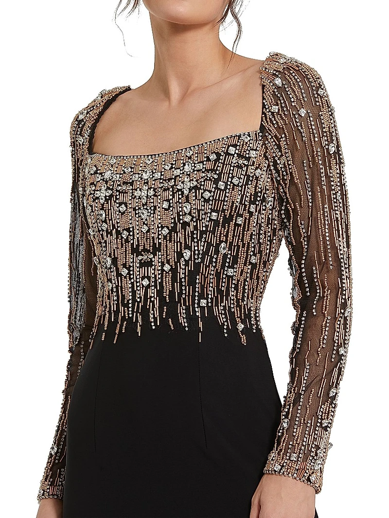 Beaded Square Neck Column Gown