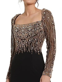 Beaded Square Neck Column Gown