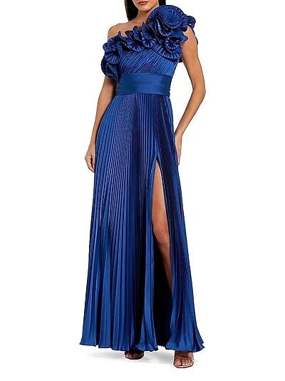 Pleated Charmeuse Ruffle One-Shoulder A-Line Gown