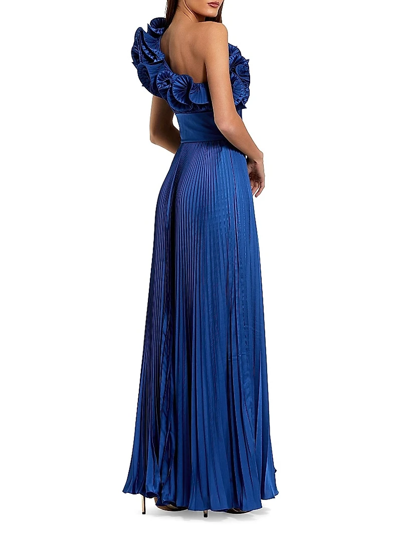 Pleated Charmeuse Ruffle One-Shoulder A-Line Gown