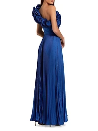 Pleated Charmeuse Ruffle One-Shoulder A-Line Gown