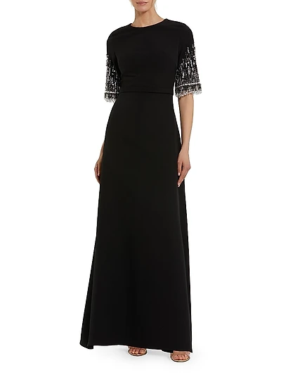 Crêpe Beaded-Sleeve A-Line Gown