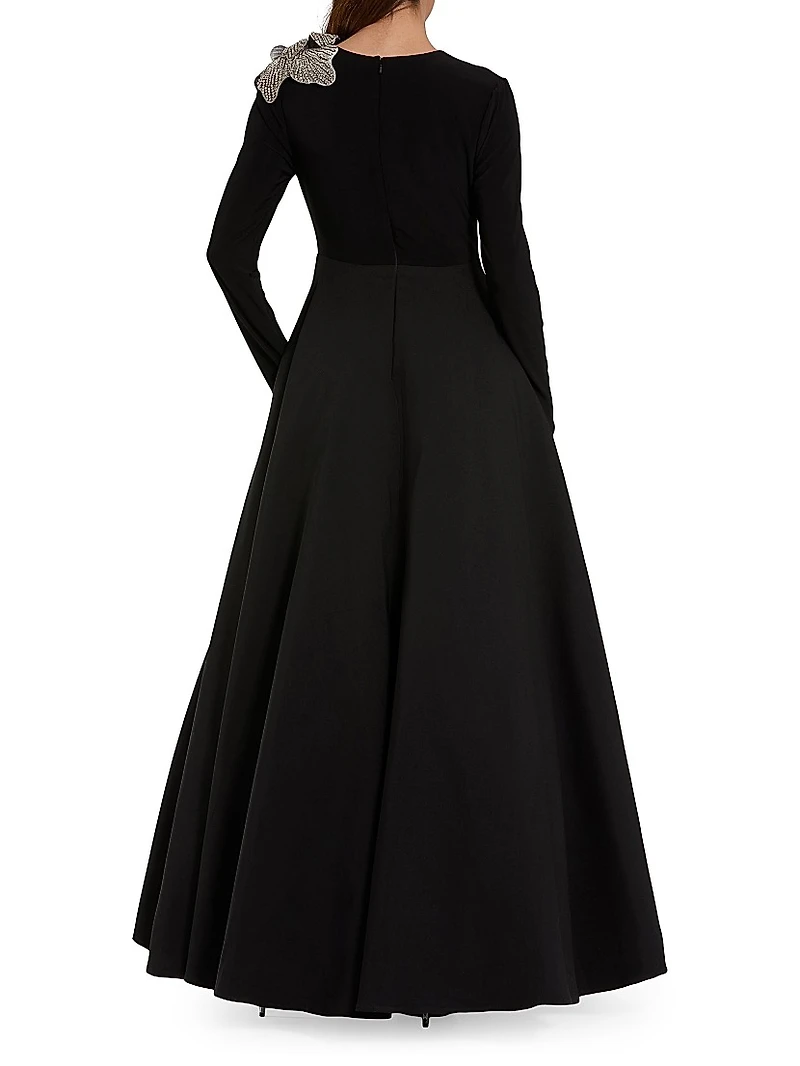 Floral Appliqué Mix Media A-Line Gown