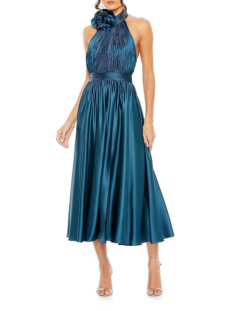 Satin Halter Rosette Midi-Dress