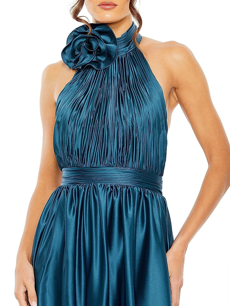 Satin Halter Rosette Midi-Dress