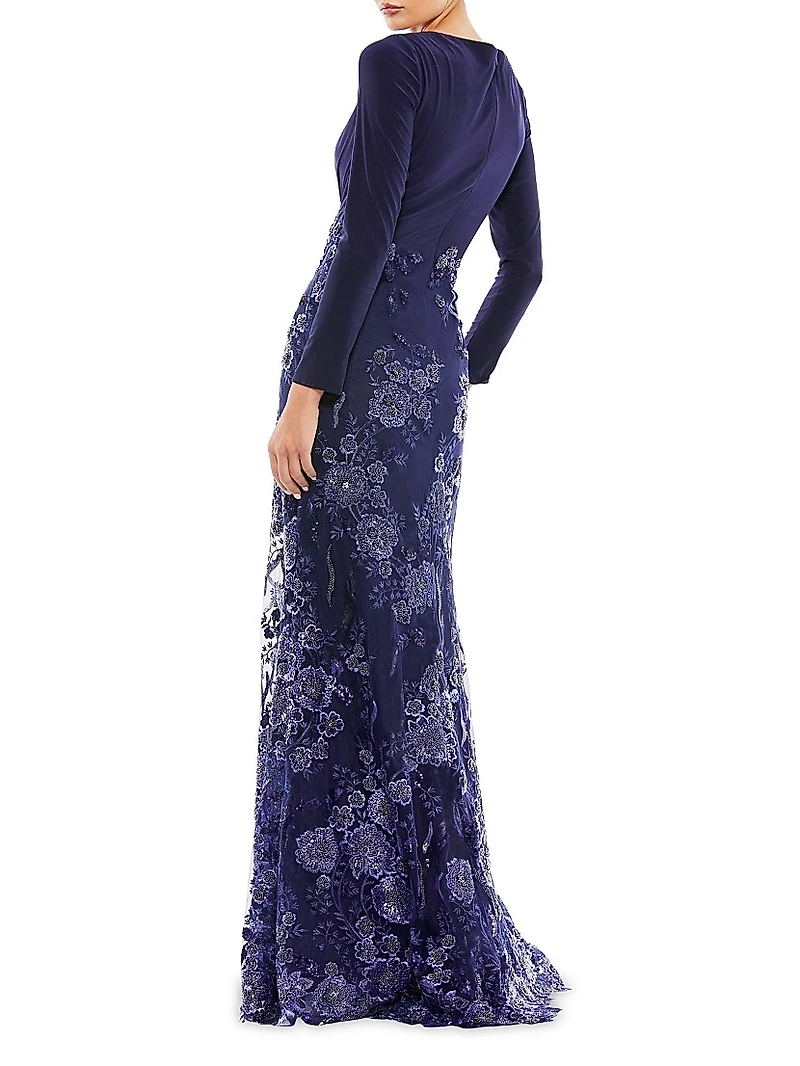 Floral Sequin Long-Sleeve Gown
