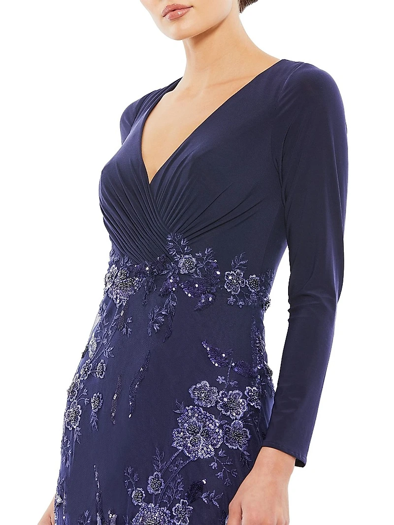 Floral Sequin Long-Sleeve Gown