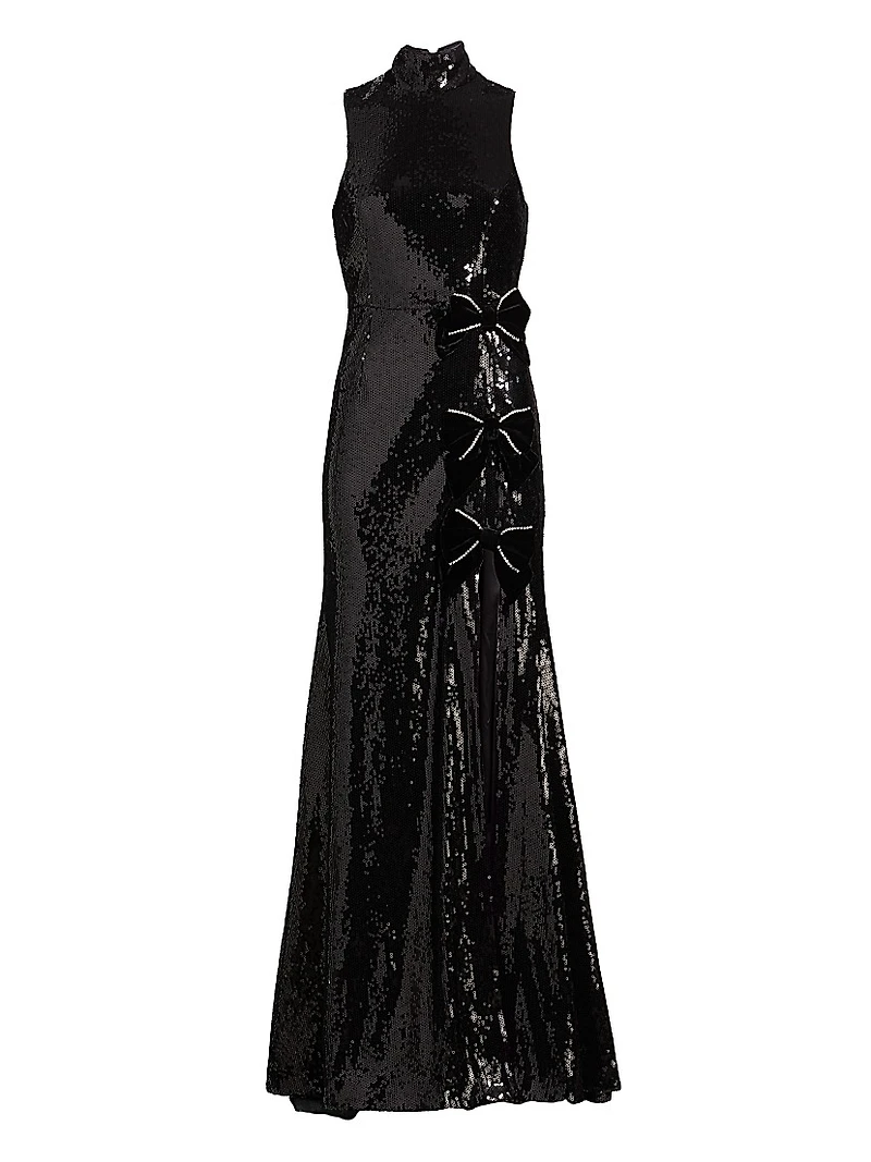 Lena Sequined Bow Halter Gown