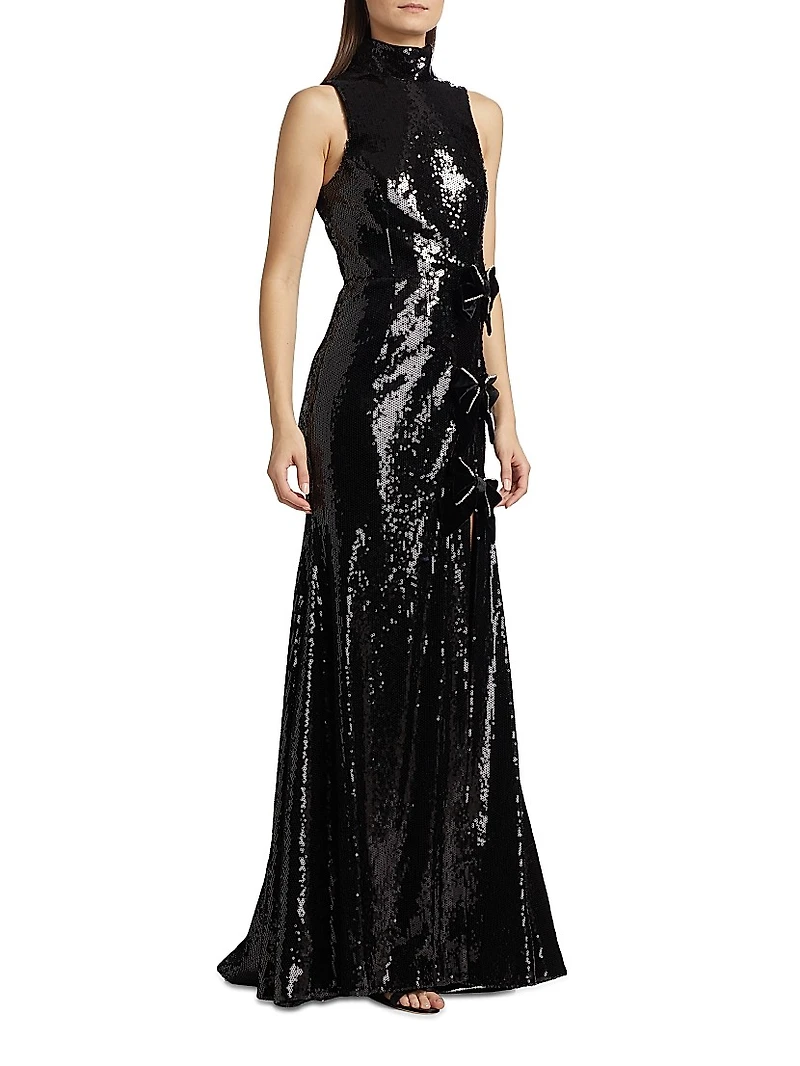 Lena Sequined Bow Halter Gown