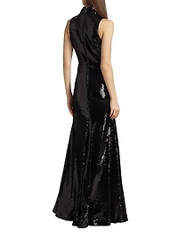 Lena Sequined Bow Halter Gown