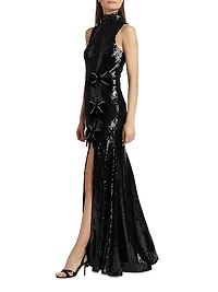 Lena Sequined Bow Halter Gown