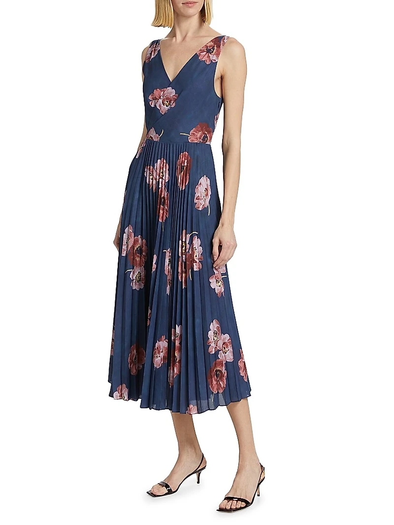 Painted Poppy Pleated Draped V-Neck Dress