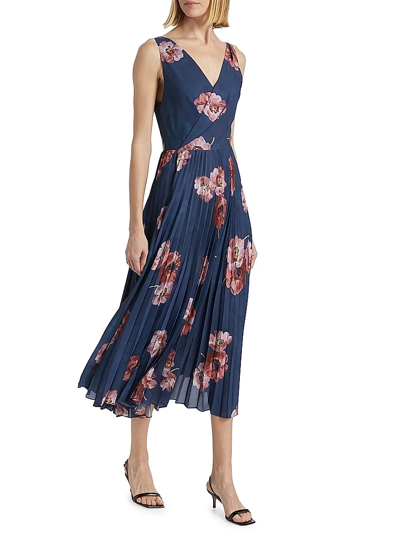 Painted Poppy Pleated Draped V-Neck Dress