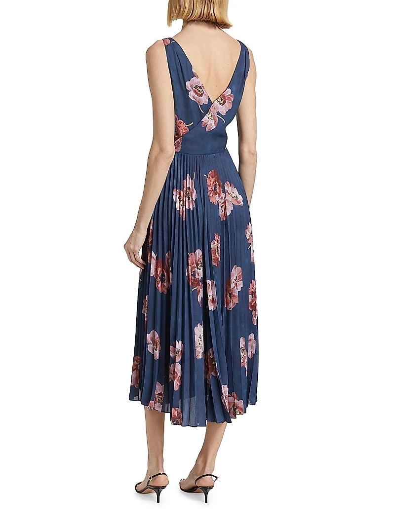 Painted Poppy Pleated Draped V-Neck Dress