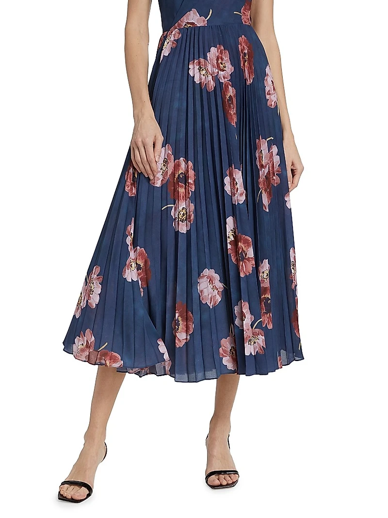 Painted Poppy Pleated Draped V-Neck Dress