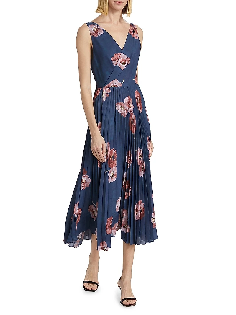 Painted Poppy Pleated Draped V-Neck Dress
