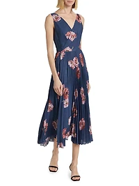 Painted Poppy Pleated Draped V-Neck Dress
