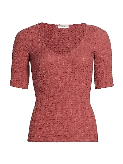 Smocked Elbow-Sleeve Soft V-Neck Top
