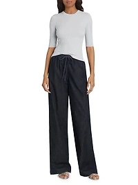 Cotton Drawstring Wide-Leg Pants