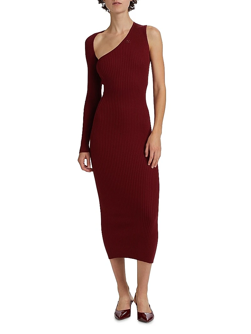 Slash One-Shoulder Rib-Knit Midi-Dress