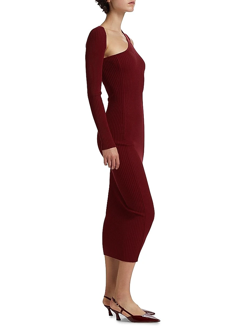 Slash One-Shoulder Rib-Knit Midi-Dress