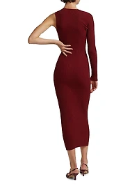 Slash One-Shoulder Rib-Knit Midi-Dress