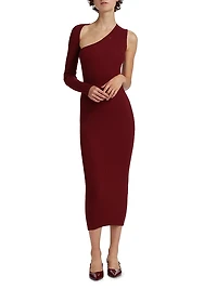 Slash One-Shoulder Rib-Knit Midi-Dress