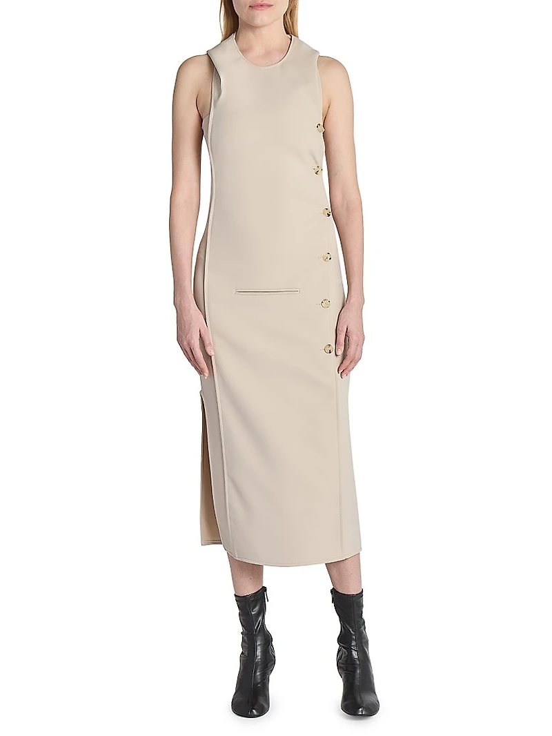 Oblique Space Side-Button Midi-Dress