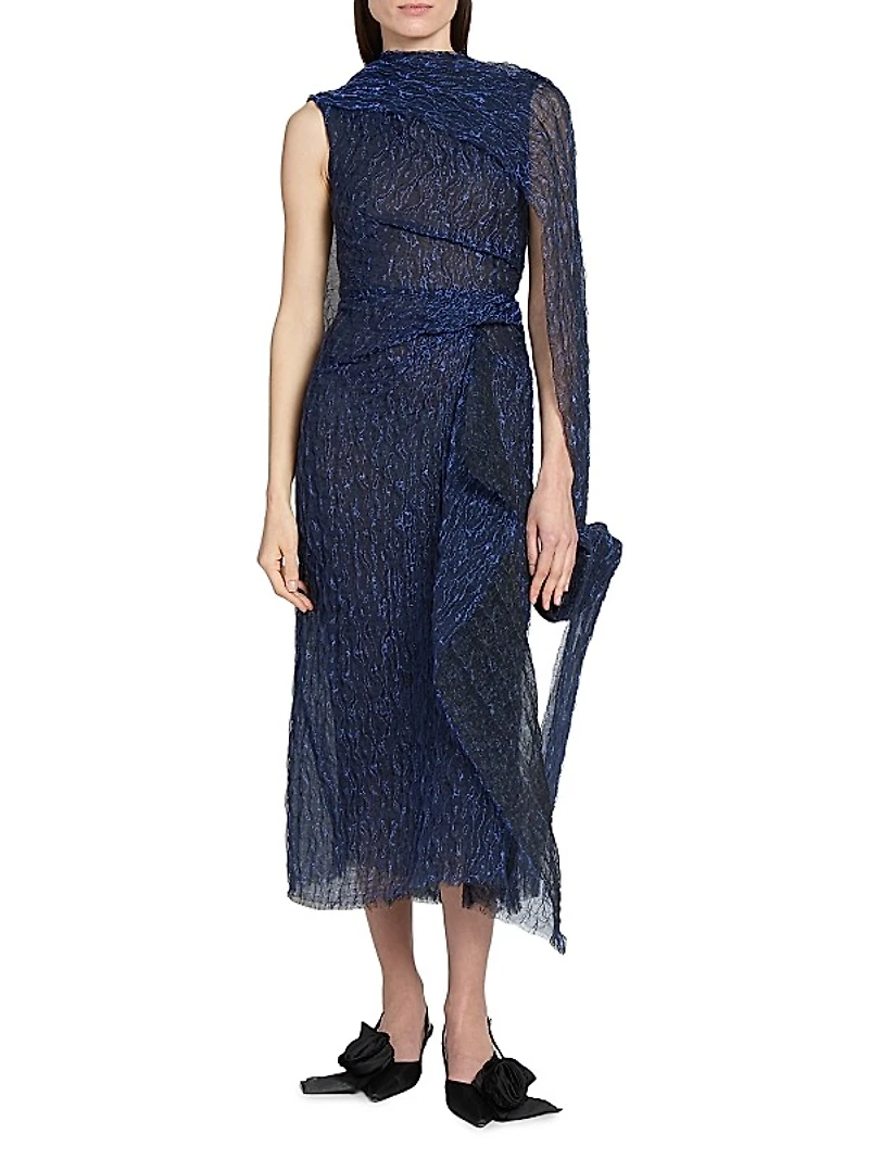 Metallic Draped Cape Midi-Dress