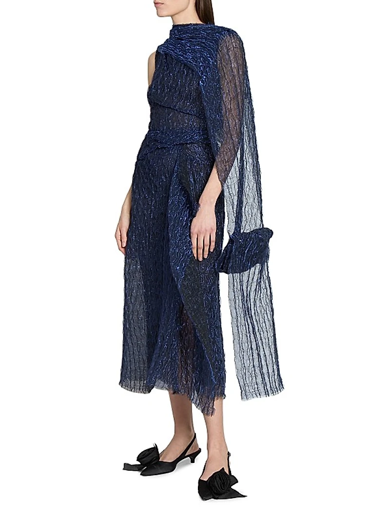 Metallic Draped Cape Midi-Dress