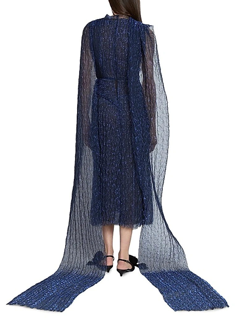 Metallic Draped Cape Midi-Dress