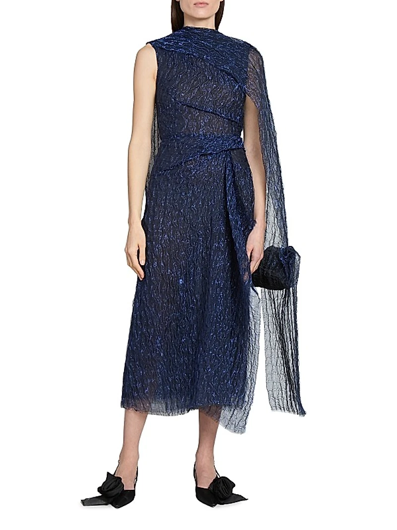 Metallic Draped Cape Midi-Dress