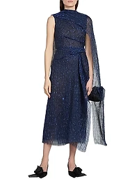 Metallic Draped Cape Midi-Dress