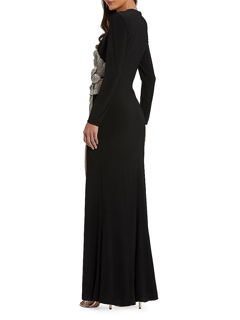 Jersey Beaded Floral Long-Sleeve Gown