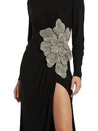 Jersey Beaded Floral Long-Sleeve Gown