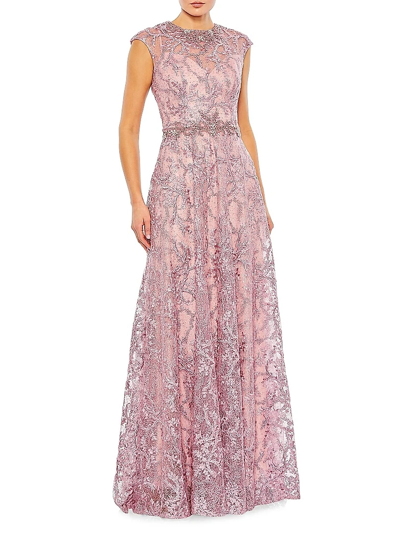 Embroidered Illusion Cap-Sleeve Gown