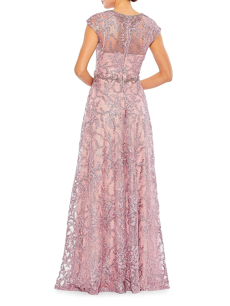 Embroidered Illusion Cap-Sleeve Gown