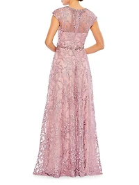 Embroidered Illusion Cap-Sleeve Gown