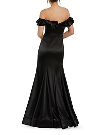 Satin Ruffled Off-The-Shoulder Mermaid Gown
