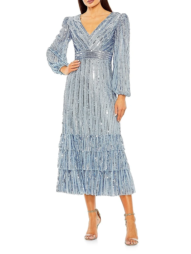 Sequin Blouson-Sleeve Ruffled Midi-Dress
