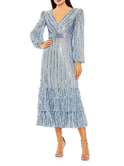 Sequin Blouson-Sleeve Ruffled Midi-Dress