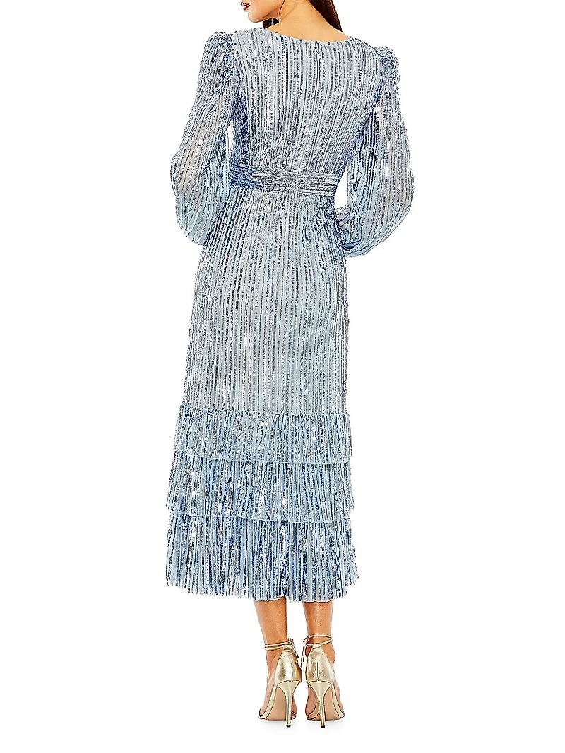 Sequin Blouson-Sleeve Ruffled Midi-Dress